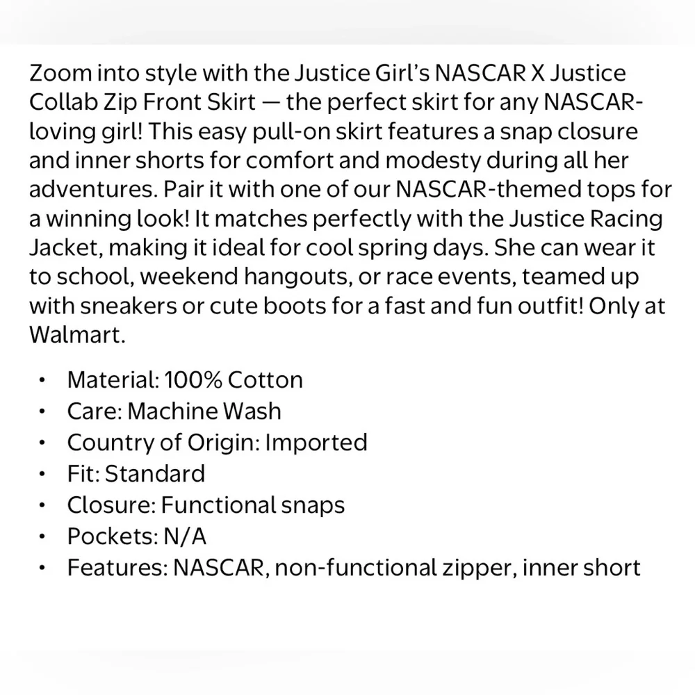 NWT Justice x‎ NASCAR Zip Front Skort Girls Size S (7/8) Black Blue